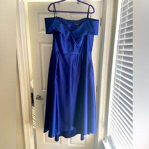 X scape Mother of Bride - hi-lo dress.  Royal blue. Small stain on collar.